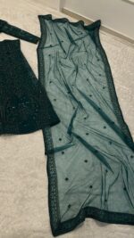 Green Color Net Fabric Thread With Sequence Work Lehenga