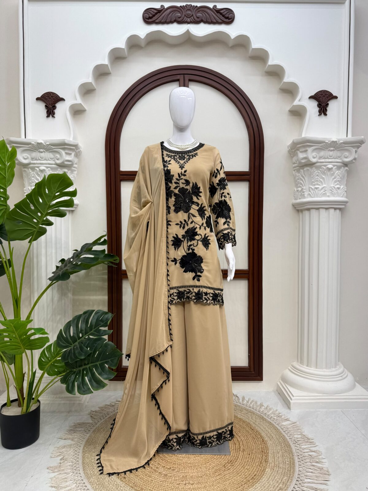 Light Brown Color Faux Georgette Fabric Thread With Sequence Work Palazzo Suit