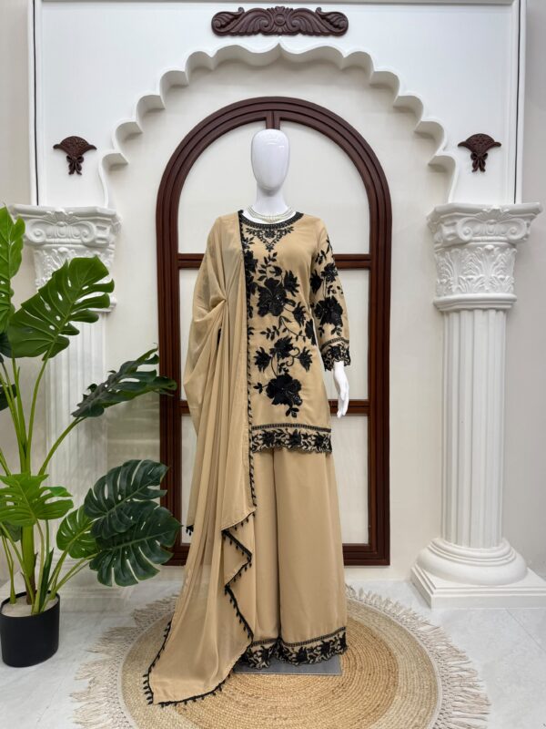 Light Brown Color Faux Georgette Fabric Thread With Sequence Work Palazzo Suit