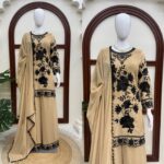 Light Brown Color Faux Georgette Fabric Thread With Sequence Work Palazzo Suit