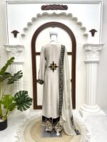 Light Grey Color Rayon Satin Fabric Thread Work Palazzo Suit