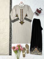 Light Grey Color Rayon Satin Fabric Thread Work Palazzo Suit
