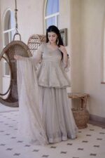 Light Grey Color Tabby Silk Fabric Foil Work Palazzo Suit