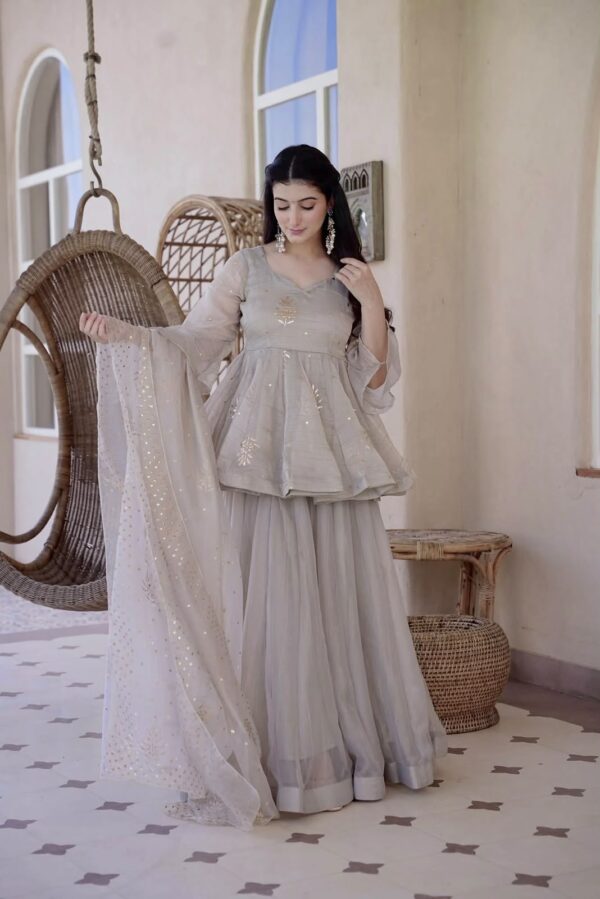 Light Grey Color Tabby Silk Fabric Foil Work Palazzo Suit