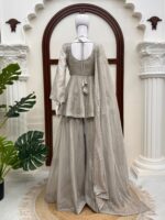 Light Grey Color Tabby Silk Fabric Foil Work Palazzo Suit