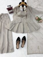 Light Grey Color Tabby Silk Fabric Foil Work Palazzo Suit
