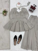 Light Grey Color Tabby Silk Fabric Foil Work Palazzo Suit