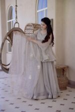Light Grey Color Tabby Silk Fabric Foil Work Palazzo Suit