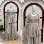 Light Grey Color Tabby Silk Fabric Foil Work Palazzo Suit
