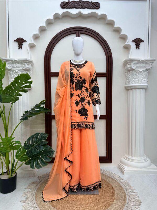 Light Orange Color Faux Georgette Fabric Thread With Sequence Work Palazzo Suit