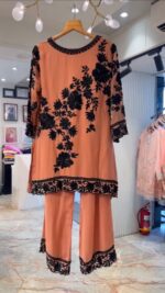 Light Orange Color Faux Georgette Fabric Thread With Sequence Work Palazzo Suit