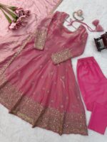 Light Peach Color Fendi Silk Fabric Thread With Sequence Work Gown