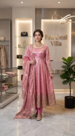 Light Peach Color Fendi Silk Fabric Thread With Sequence Work Gown