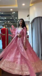 Light Peach Color Fendi Silk Fabric Thread With Sequence Work Gown