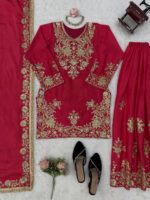 Light Pink Color Chinon Silk Fabric Thread With Sequence Work Palazzo Suit