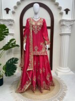 Light Pink Color Chinon Silk Fabric Thread With Sequence Work Palazzo Suit