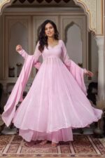 Light Pink Color Faux Georgette Fabric Hand Work Anarkali Palazzo Suit