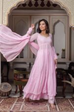 Light Pink Color Faux Georgette Fabric Hand Work Anarkali Palazzo Suit