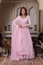 Light Pink Color Faux Georgette Fabric Hand Work Anarkali Palazzo Suit