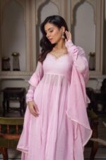 Light Pink Color Faux Georgette Fabric Hand Work Anarkali Palazzo Suit