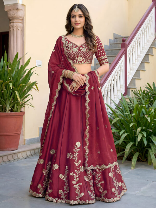 Maroon Color Rangoli Silk Fabric Jari And Dori With Sequence Embroidery Work Lehenga
