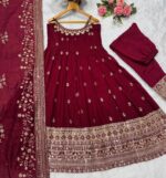 Maroon Color Vichitra Silk Fabric Coding Embroidery Sequence With Jari Work Gown