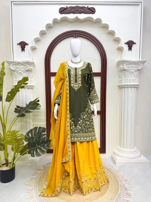 Mehandi Color Natural Crepe Fabric Thread With Sequence Work Palazzo Suit
