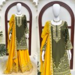 Mehandi Color Natural Crepe Fabric Thread With Sequence Work Palazzo Suit