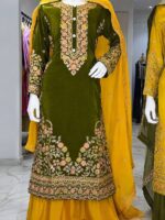 Mehandi Color Natural Crepe Fabric Thread With Sequence Work Palazzo Suit