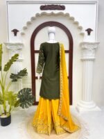 Mehandi Color Natural Crepe Fabric Thread With Sequence Work Palazzo Suit