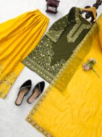 Mehandi Color Natural Crepe Fabric Thread With Sequence Work Palazzo Suit