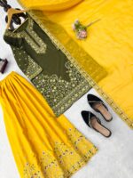 Mehandi Color Natural Crepe Fabric Thread With Sequence Work Palazzo Suit