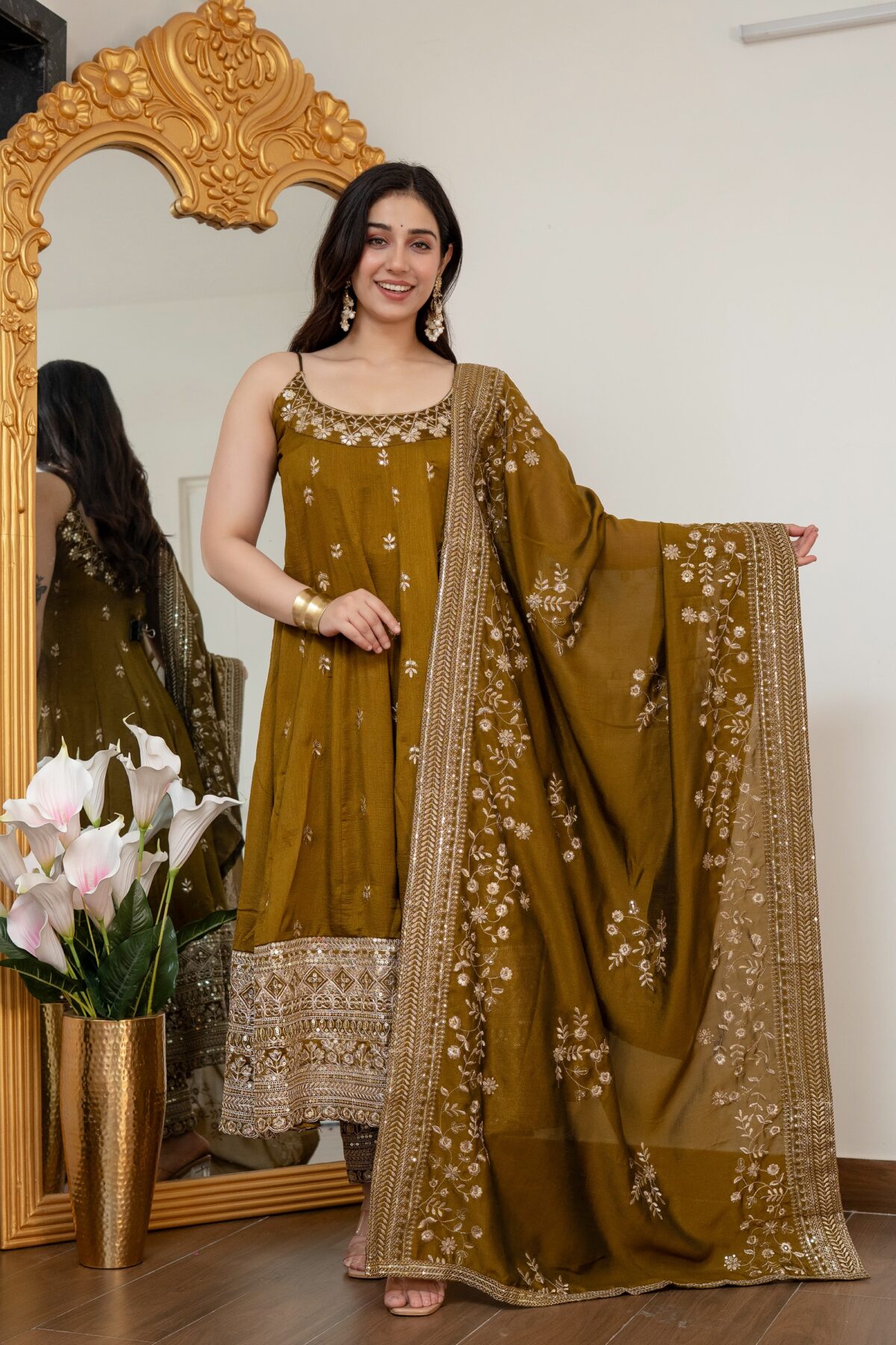 Mehandi Color Vichitra Silk Fabric Coding Embroidery Sequence With Jari Work Gown