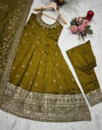 Mehandi Color Vichitra Silk Fabric Coding Embroidery Sequence With Jari Work Gown