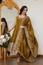 Mehandi Color Vichitra Silk Fabric Coding Embroidery Sequence With Jari Work Gown
