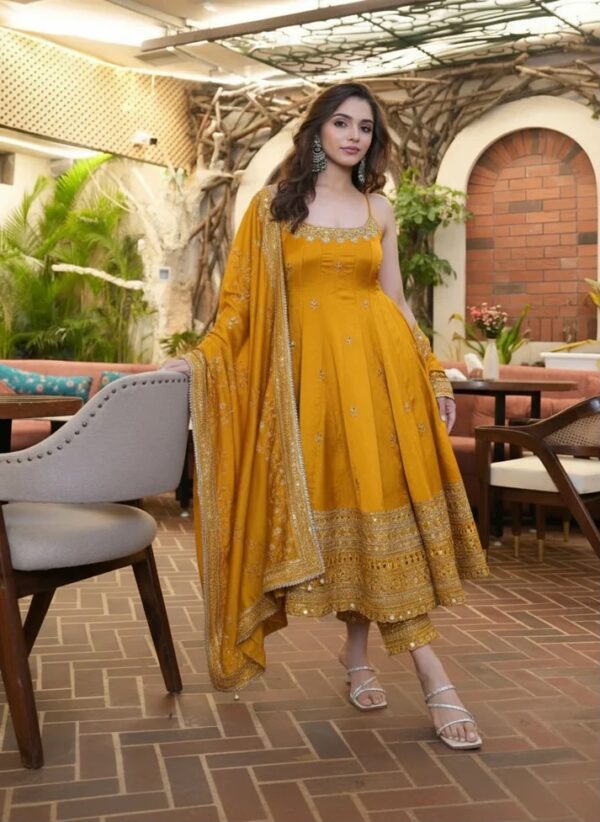 Mustard Yellow Color Vichitra Silk Fabric Coding Embroidery Sequence With Jari Work Gown