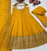 Mustard Yellow Color Vichitra Silk Fabric Coding Embroidery Sequence With Jari Work Gown