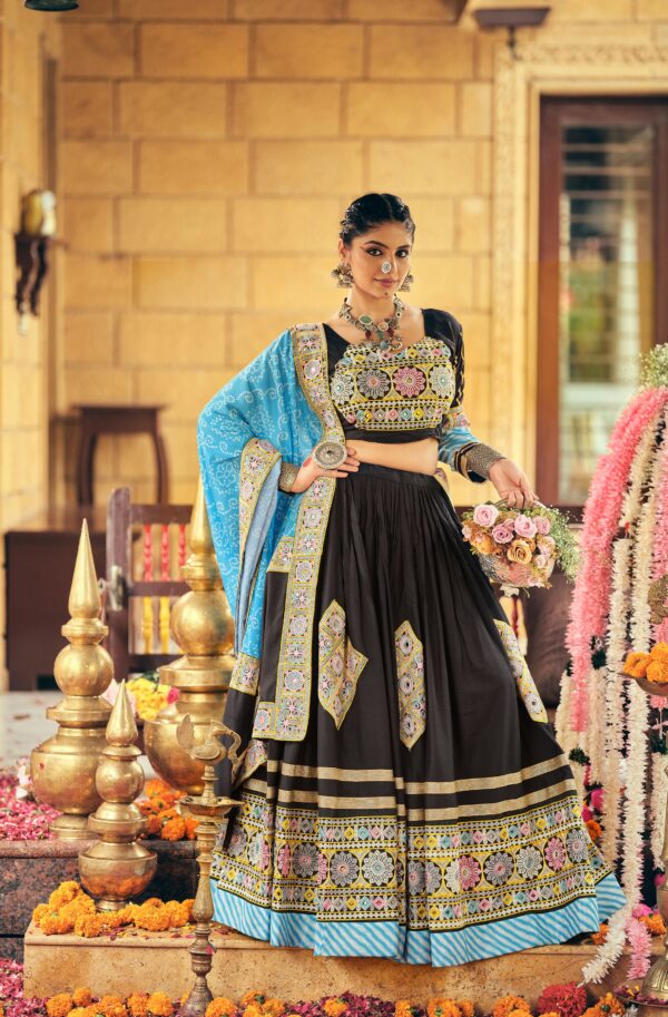 Navratri Special Black Color Rayon Fabric Embroidery With Mirror Work Lehenga