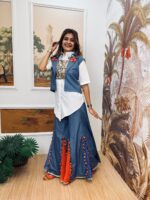 Navratri Special Multi Color Pure Cotton Jeans Fabric Real Mirror Work Koti Style Palazzo Set
