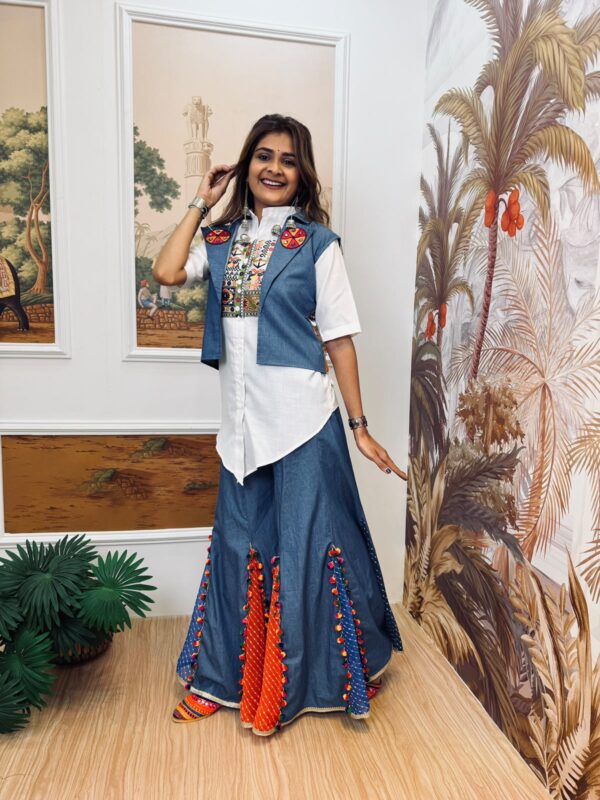Navratri Special Multi Color Pure Cotton Jeans Fabric Real Mirror Work Koti Style Palazzo Set