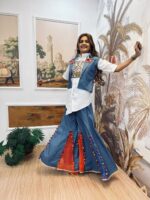 Navratri Special Multi Color Pure Cotton Jeans Fabric Real Mirror Work Koti Style Palazzo Set