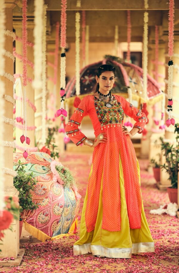 Navratri Special Orange Color Rayon Fabric Fancy Lace Work Lehenga