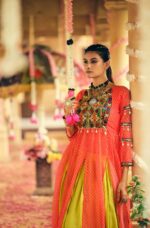 Navratri Special Orange Color Rayon Fabric Fancy Lace Work Lehenga