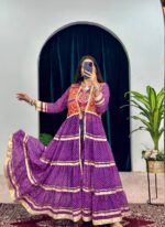 Navratri Special Purple Color Printed Faux Georgette Fabric Embroidery Work Shrug Set