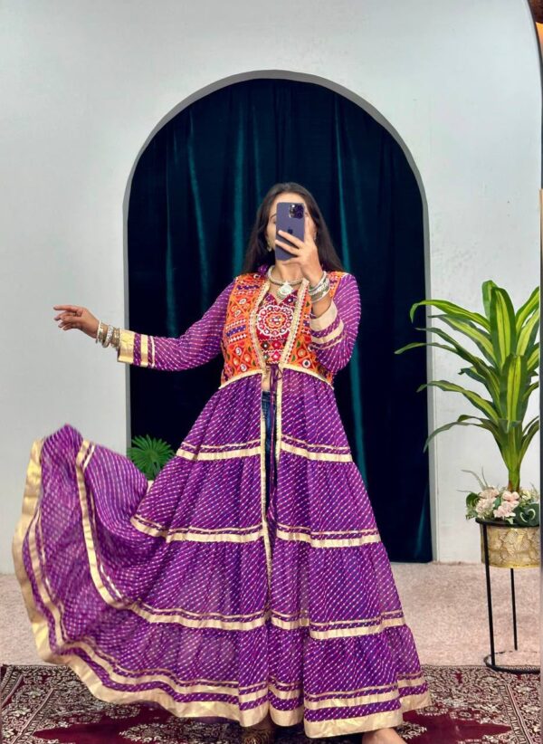 Navratri Special Purple Color Printed Faux Georgette Fabric Embroidery Work Shrug Set