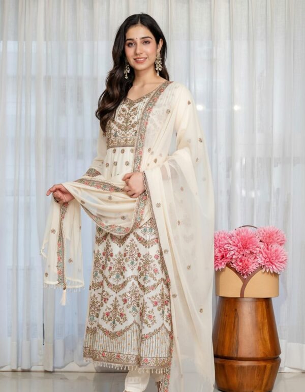 Off White Color Faux Blooming Fabric Sequence With Jari Thread Work Anarkali Suit