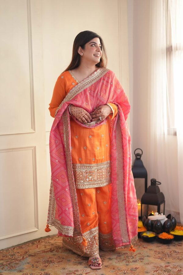 Orange Color Chinon Fabric Thread With Sequence Work Palazzo Suit