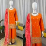 Orange Color Chinon Fabric Thread With Sequence Work Palazzo Suit