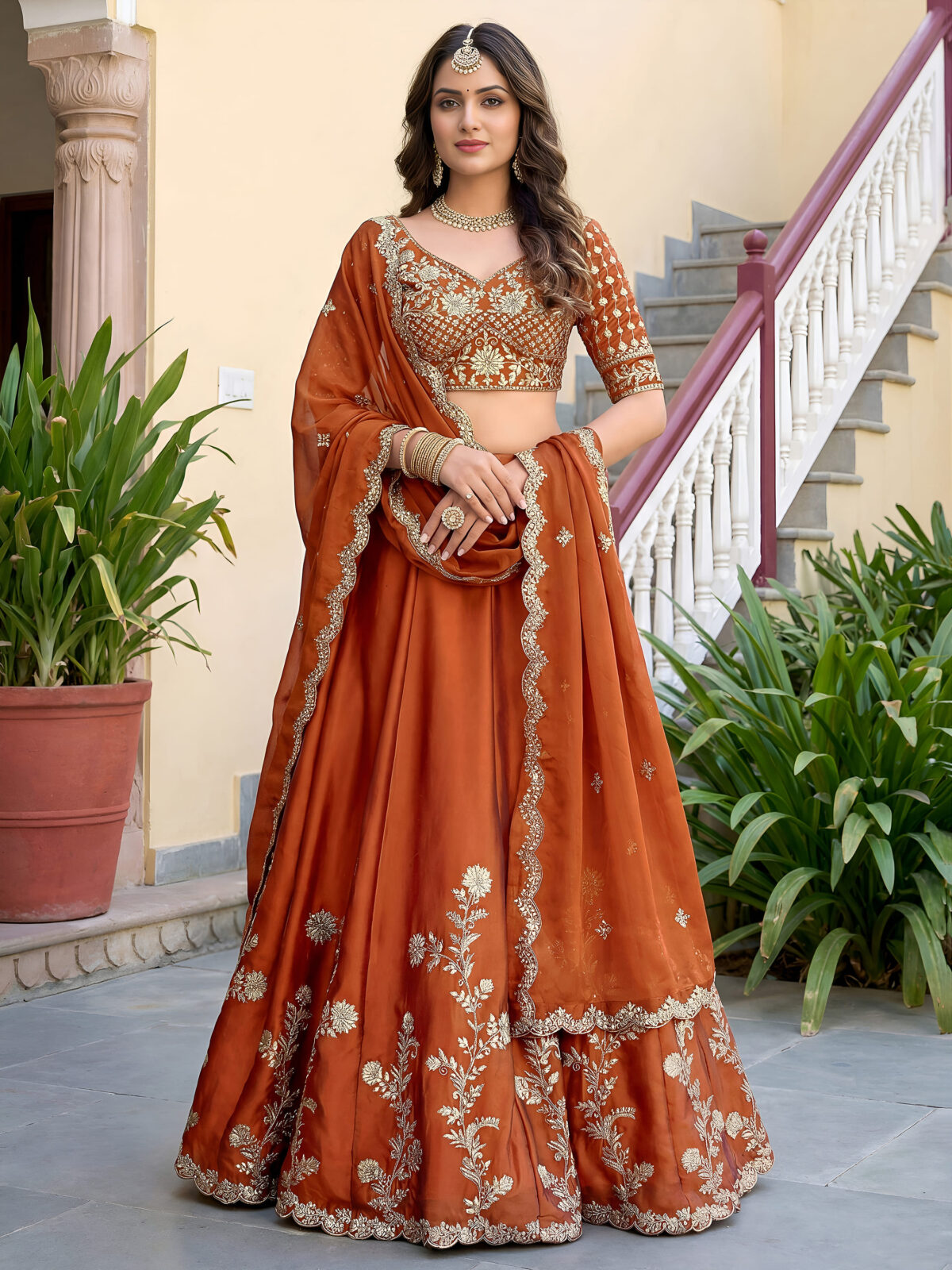 Orange Color Rangoli Silk Fabric Jari And Dori With Sequence Embroidery Work Lehenga