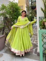 Parrot Color Tabby Organza Silk Fabric Real Mirror Hand Work Lehenga Anarkali Suit